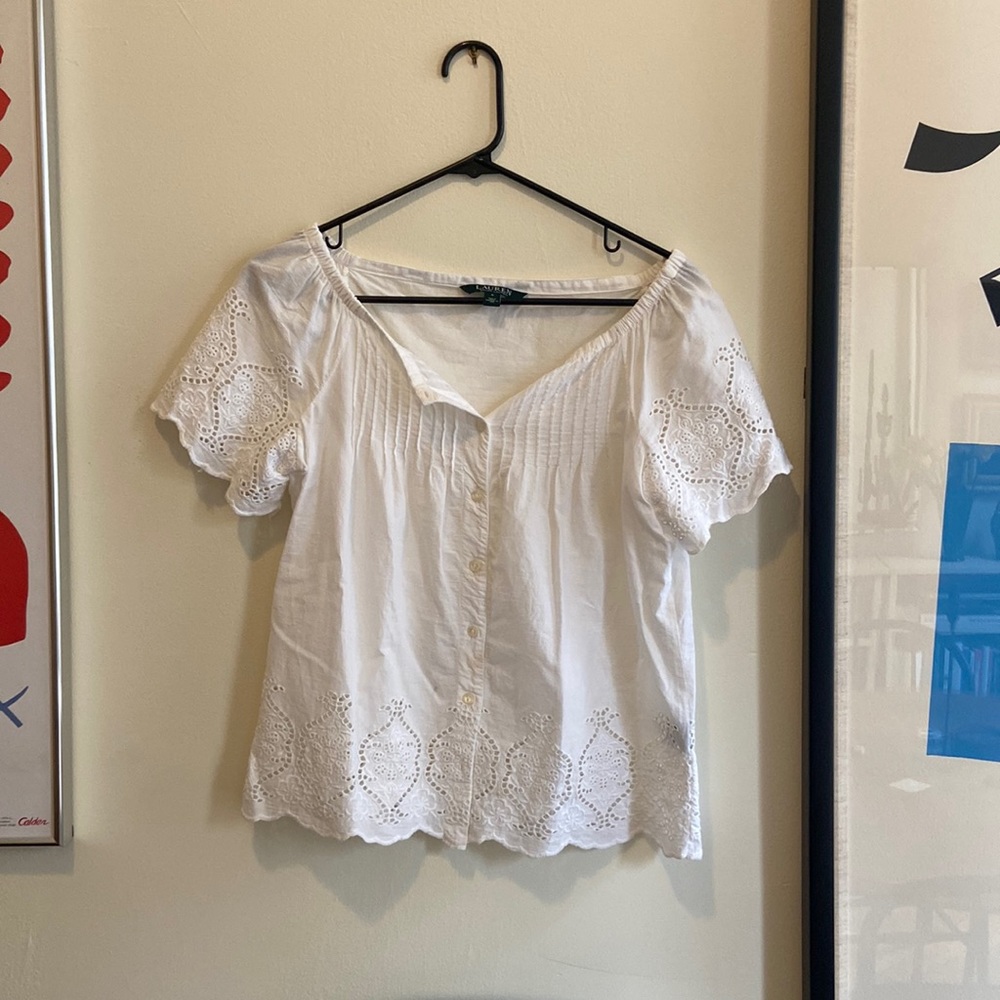 Ralph Lauren White Eyelet Pin-tuck Blouse